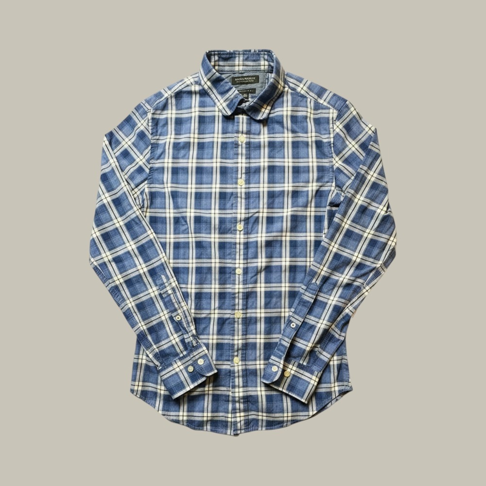 Banana Republic Shirt Mens S Grant Fit Blue Plaid Custom 078 Wash Button Down